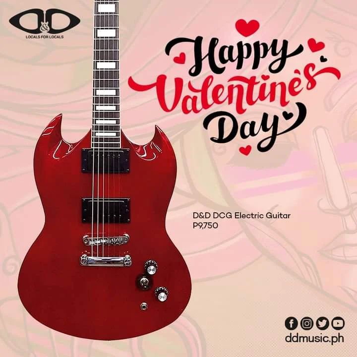 Happy Valentine's Day from D&D! Have a musical and moment-filled Day with your loved ones!🎸💗    #localsforlocals #gustokongmaggitara    ---    Item in image: https://ddmusic.ph/product/dd-dcg-el-guitar-trans-red/