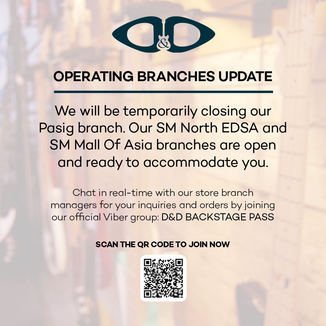 We will be temporarily closing our Pasig branch. Our SM North EDSA and SM Mall Of Asia branches are open and ready to accommodate you. 🎸  Contact our Chat in real-time with our store branch managers for your inquiries and orders!📱   Scan the QR code to join now  #localsforlocals #gustokongmaggitara #ddbackstagepass #vibercommunity